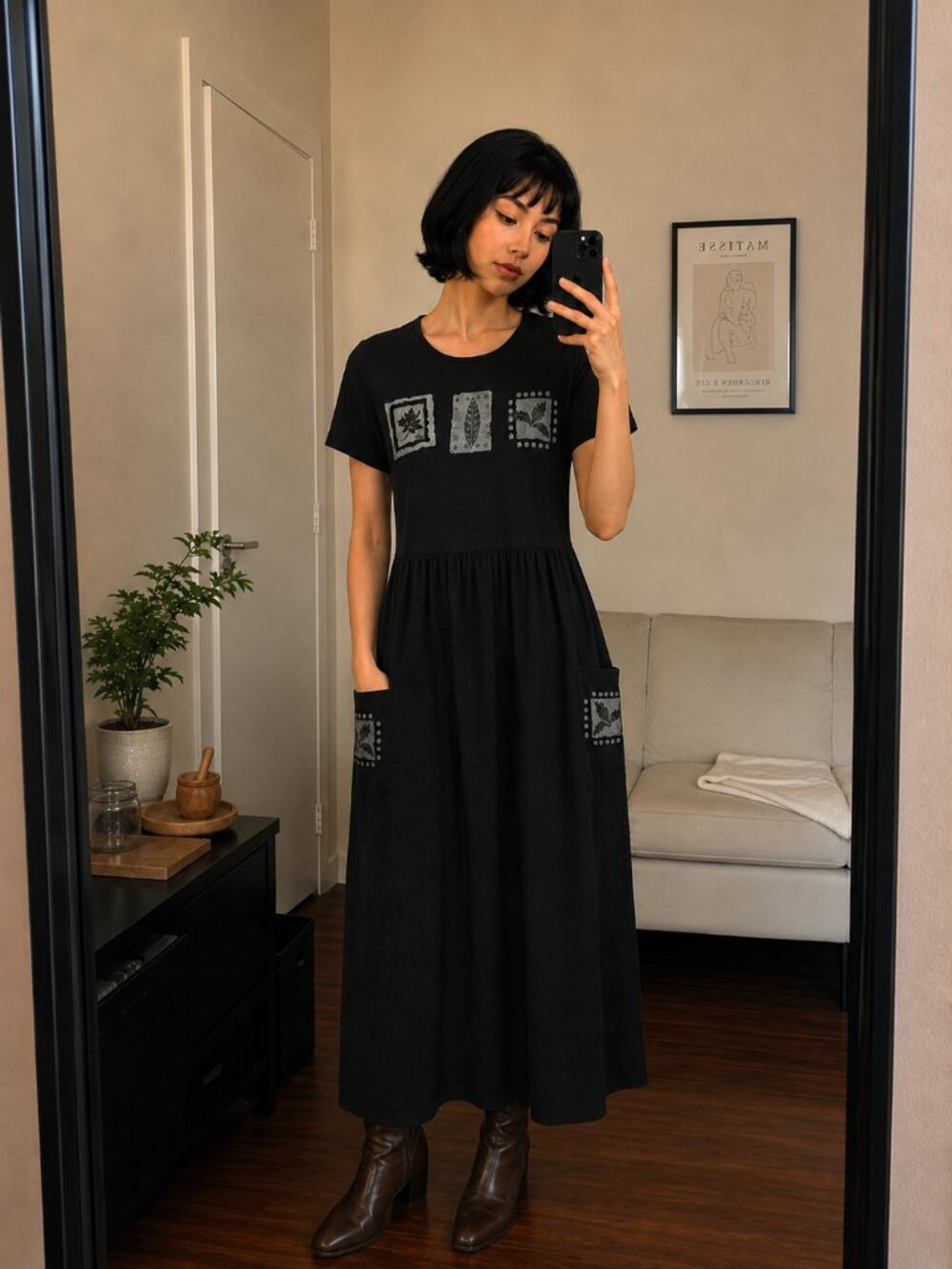 Bobbie Brooks 100% Cotton Vintage Black Maxi Dress Gray Fall Leafs Size Small